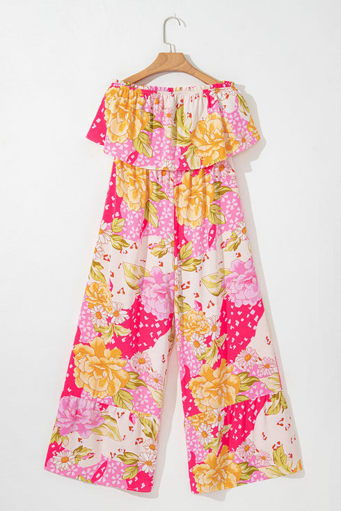 Multicolour Floral Print Ruffled High Waist Tube Top Loose Jumpsuit